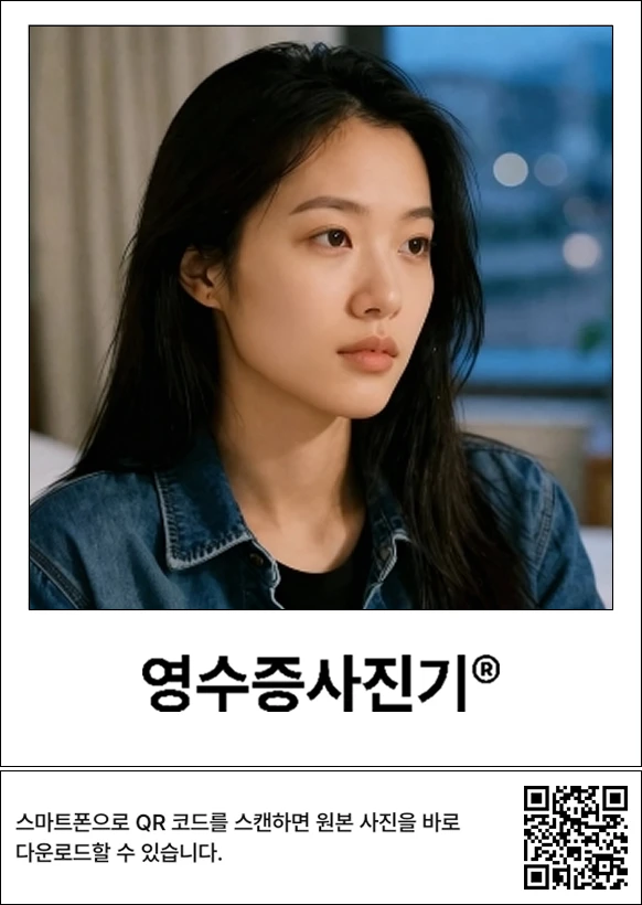 QR 코드가 별도로 컷팅되어 함께 인쇄된 영수증사진기® 출력물. 스마트폰으로 QR 코드를 스캔하면 원본 사진을 바로 다운로드할 수 있다는 안내 문구가 적혀 있다