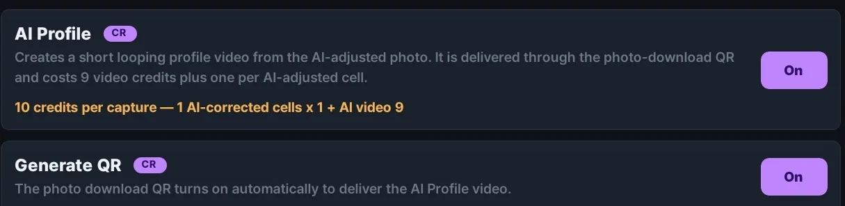 AI Profile settings on the QR Code tab of the Receipt Camera+ app. AI Profile, tagged with a credit badge, is switched on and reads '10 credits per capture — 1 AI-corrected cell x 1 + AI video 9', while Generate QR just below is on too, with a note that the photo download QR turns on automatically to deliver the AI Profile video