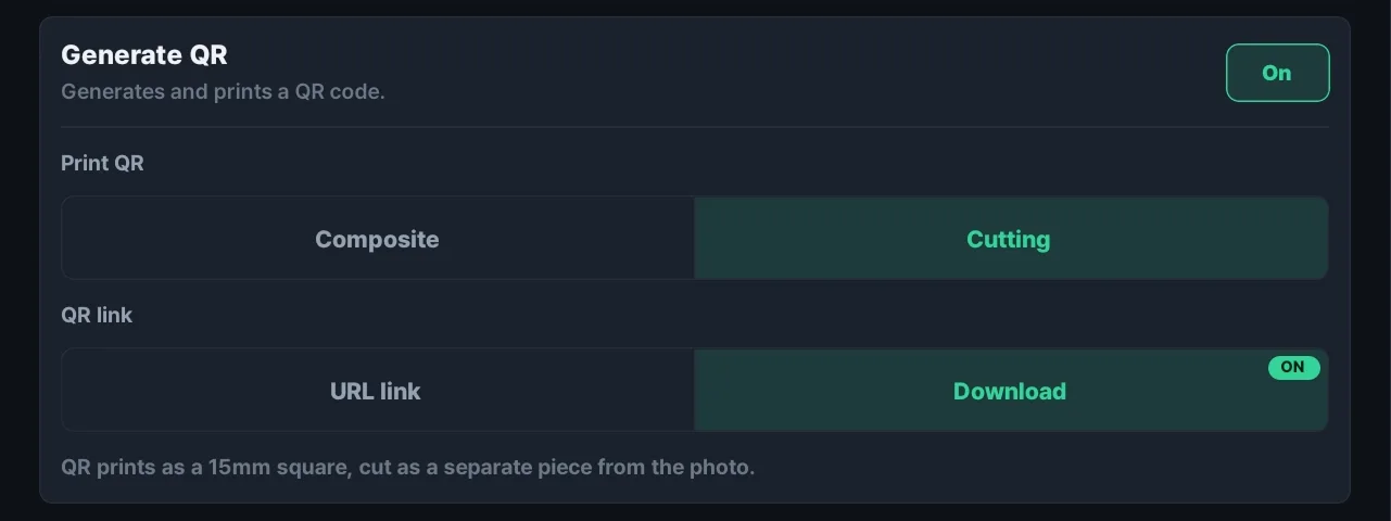 The QR code settings screen in the Receipt Camera+ app with the cut method selected, showing the note that the QR code is cut separately as a 15mm square