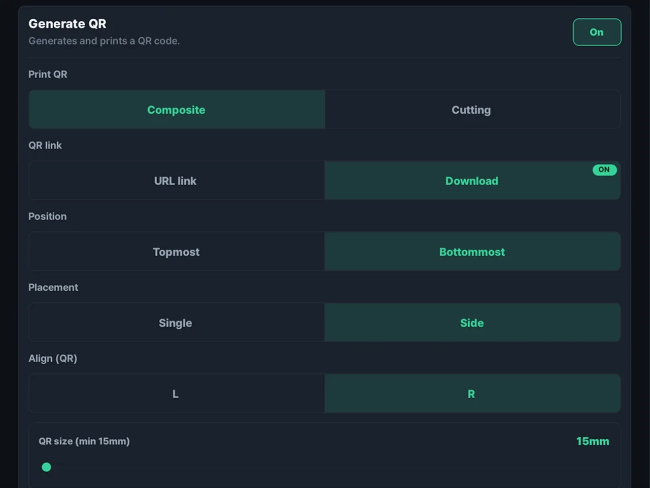 The QR code settings screen in the Receipt Camera+ app. Print method is set to composite, the QR link is set to photo download, position is bottom, layout is side, alignment is right, and QR size is 15mm