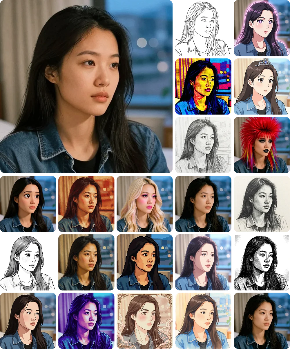 같은 인물 사진 한 장에 20종 AI 보정 필터를 각각 적용해 나란히 비교한 이미지. 원본 컬러 사진 옆으로 연필 스케치, 만화, 팝아트, 픽셀아트, 수채화 등 서로 다른 화풍의 결과물이 격자로 배열되어 있다