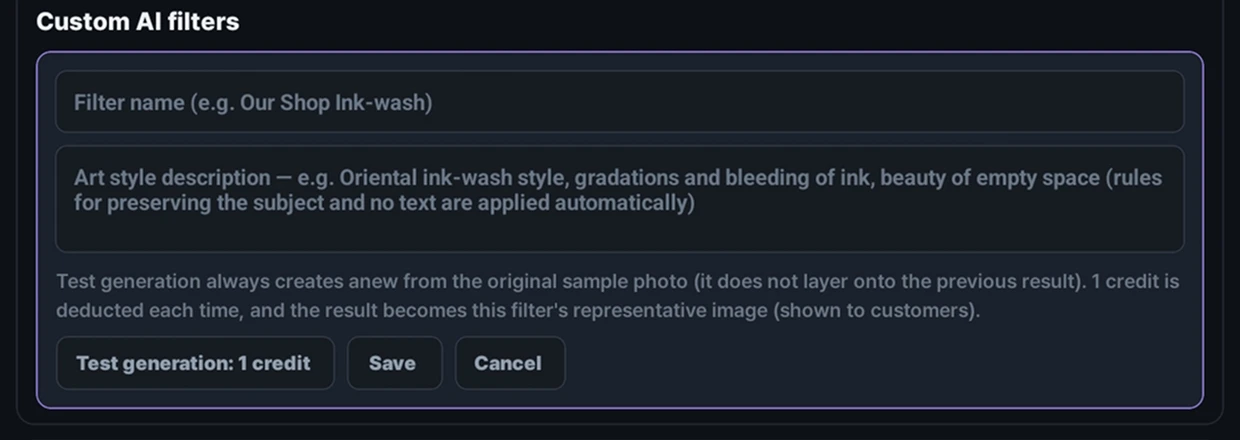 Custom AI filter settings where the visual style is described in text