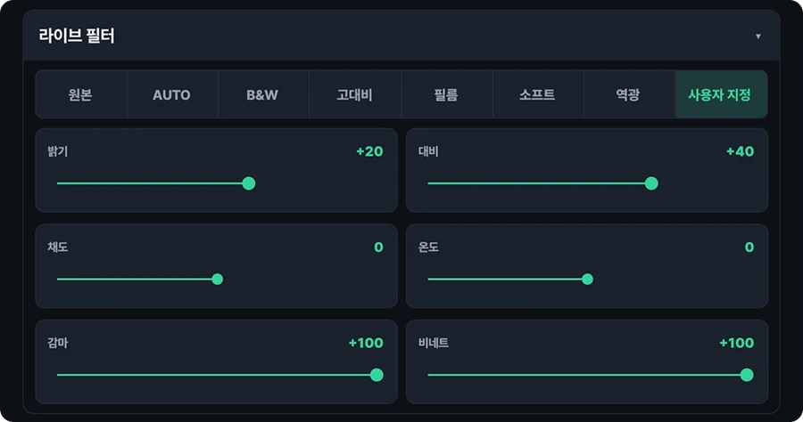 영수증사진기® 라이브 필터 설정 화면. 원본·AUTO·B&W·고대비·필름·소프트·역광·사용자 지정 프리셋 탭과, 사용자 지정을 선택했을 때 제공되는 밝기·대비·채도·온도·감마·비네트 6개 슬라이더가 보인다