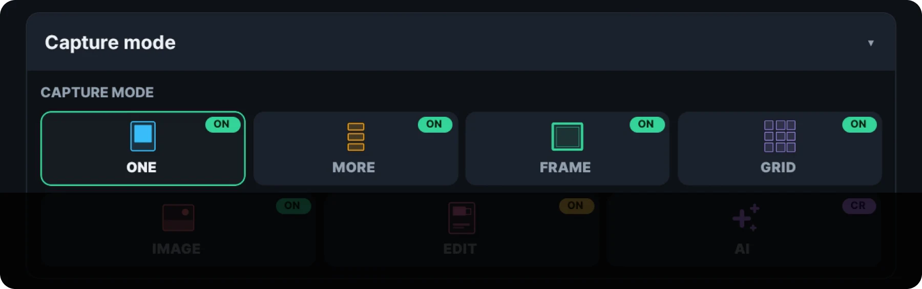 Capture mode settings screen in the RECEIPT CAMERA app