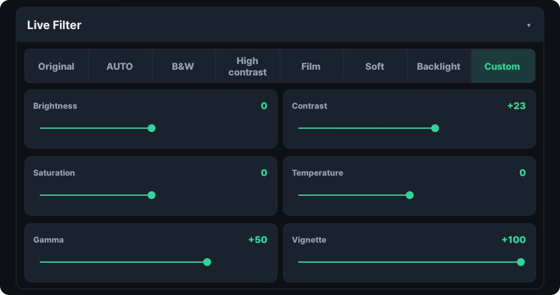 Exposure, ISO and white balance settings screen