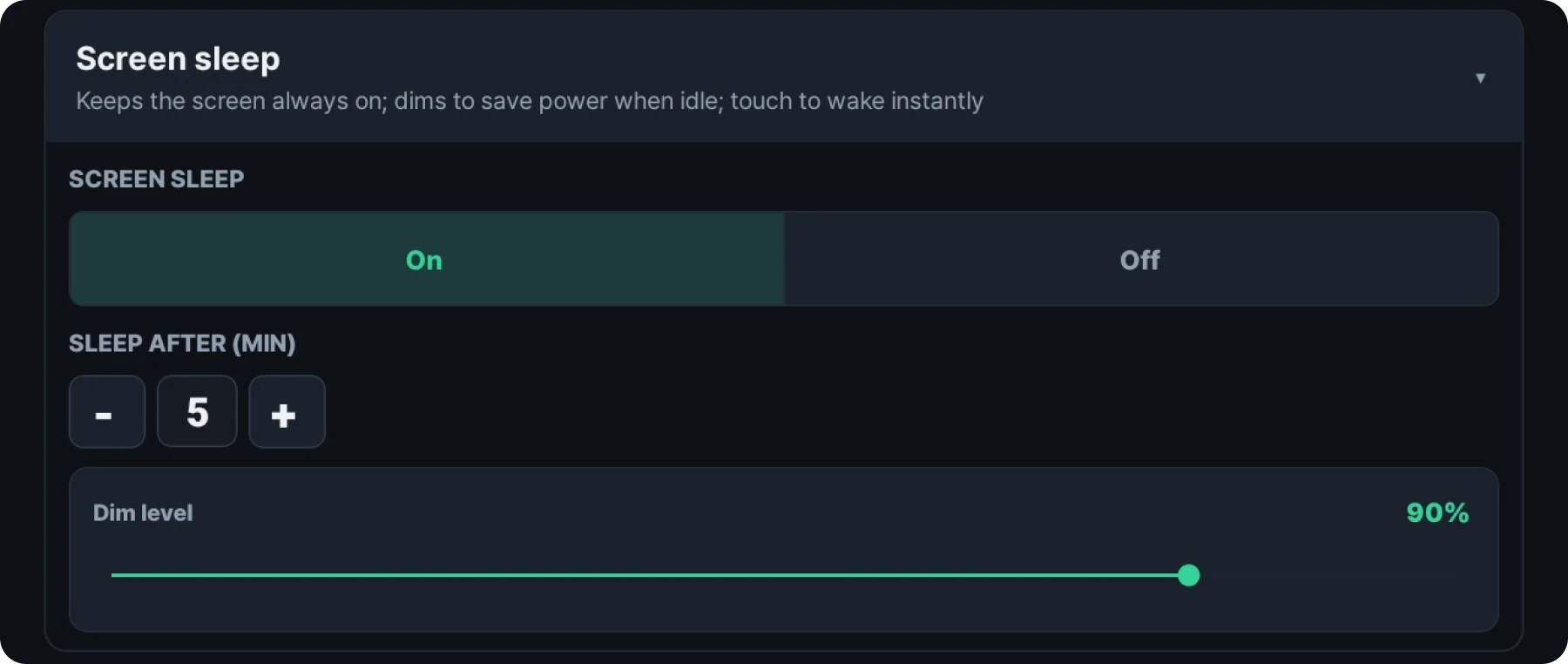 Sleep mode settings screen