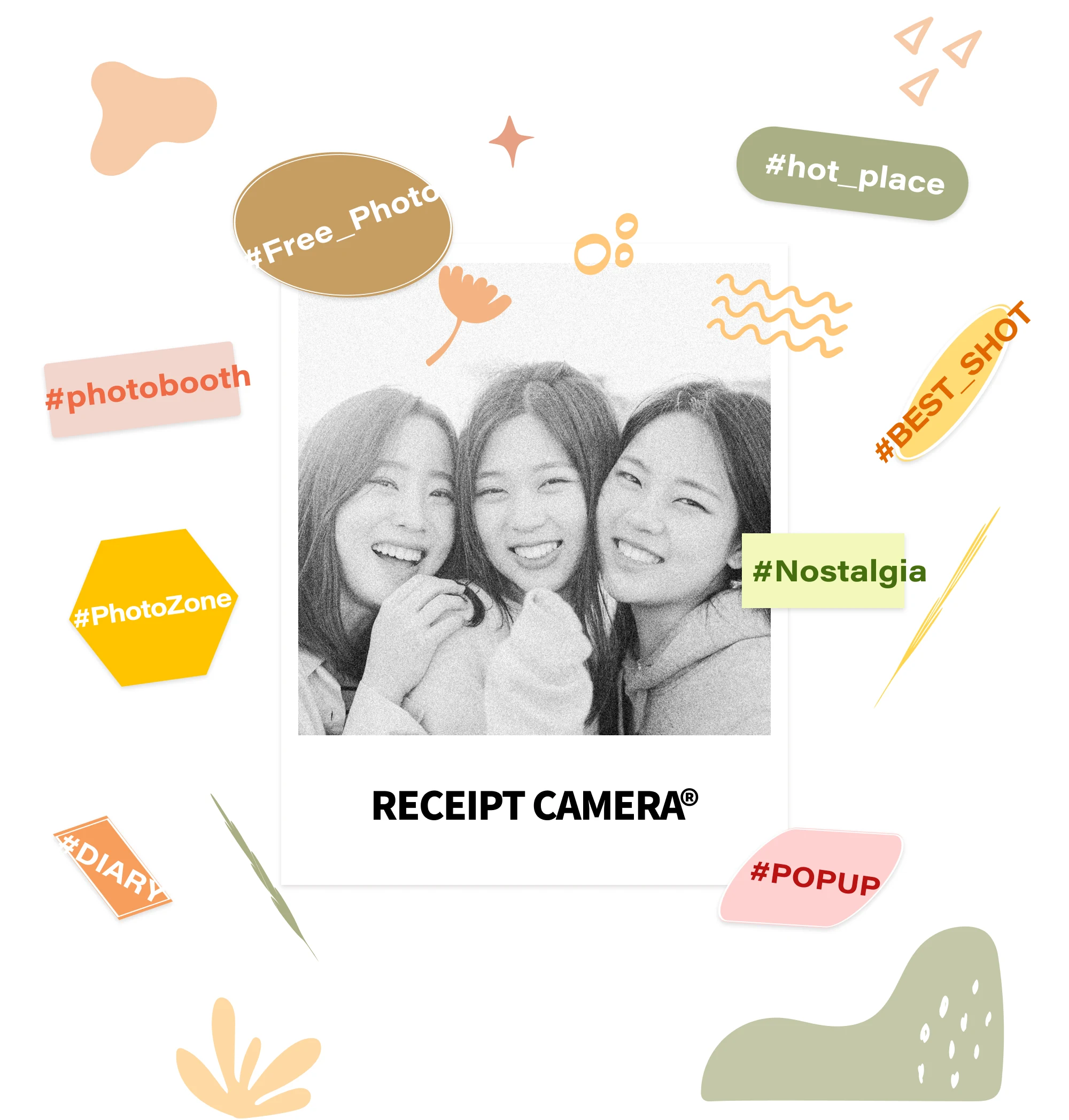 Photos taken with RECEIPT CAMERA® alongside pop-up store, photo booth and perfect-shot hashtags