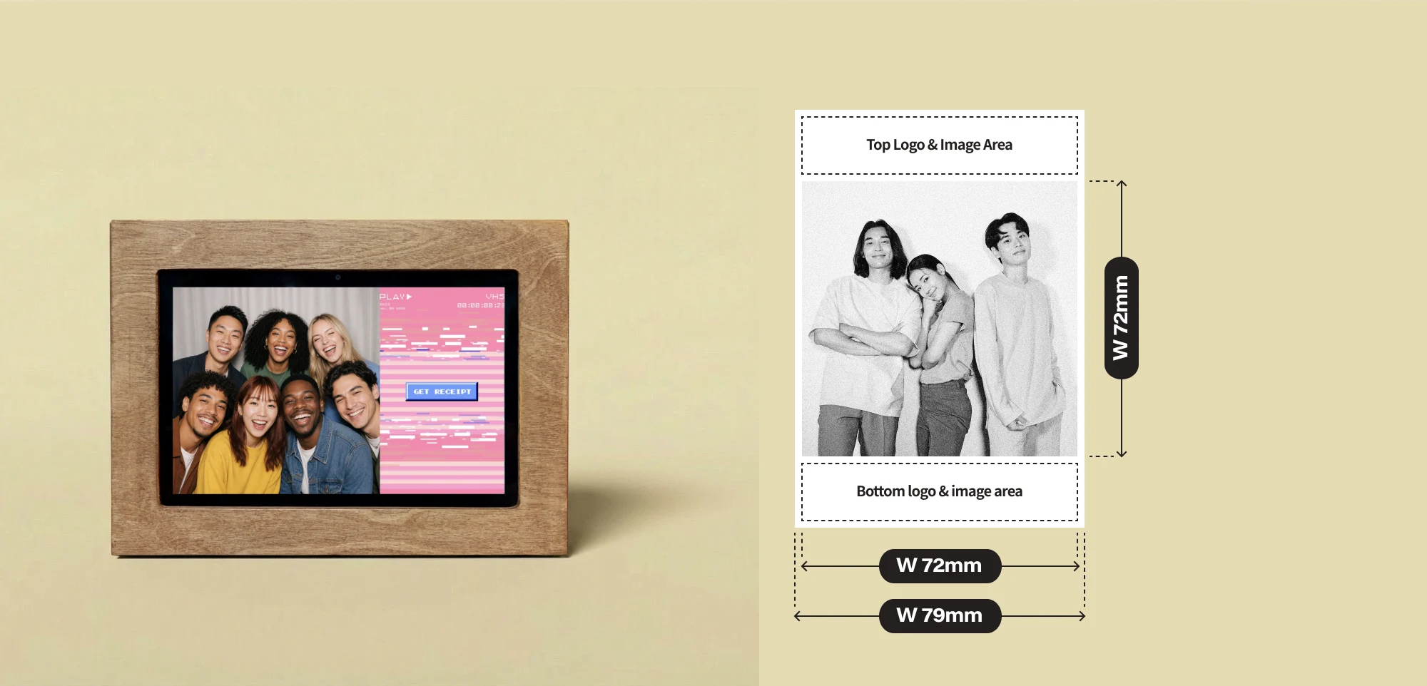 RECEIPT CAMERA® MINI print specification — W72mm photo area, W79mm paper width, logo and image areas at the top and bottom