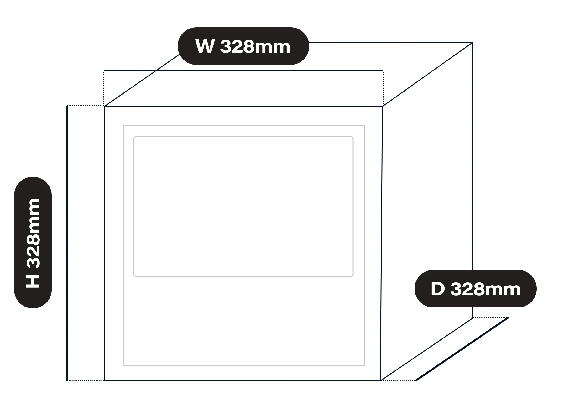 영수증사진기® PRO+ 하이브리드 외형 치수 도해 — 가로 328mm, 세로 328mm, 높이 328mm