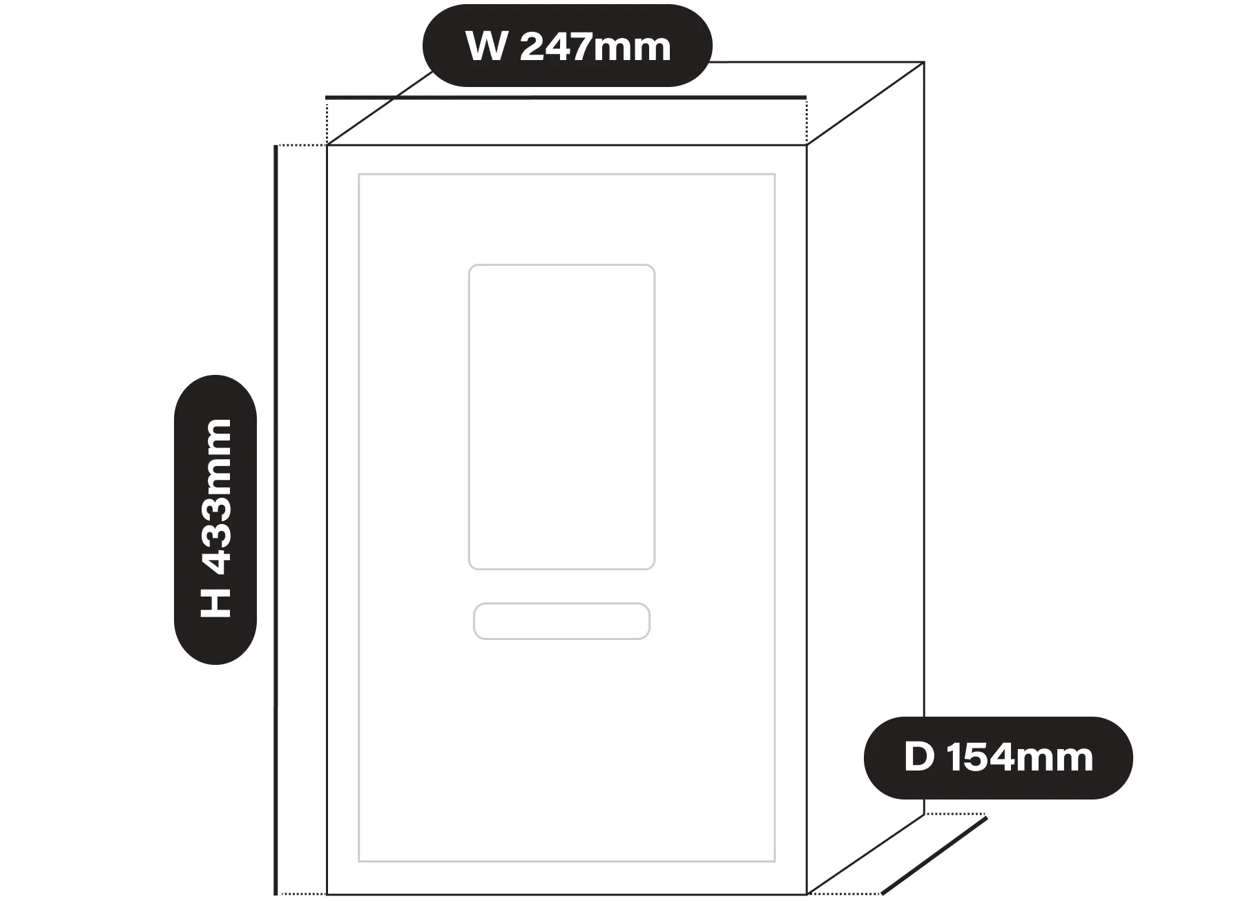 영수증사진기® PRO 월마운트 외형 치수 도해 — 가로 247mm, 깊이 154mm, 높이 433mm