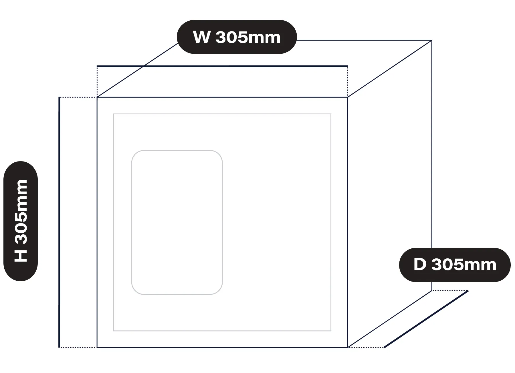 영수증사진기® PRO 외형 치수 도해 — 가로 305mm, 세로 305mm, 높이 305mm