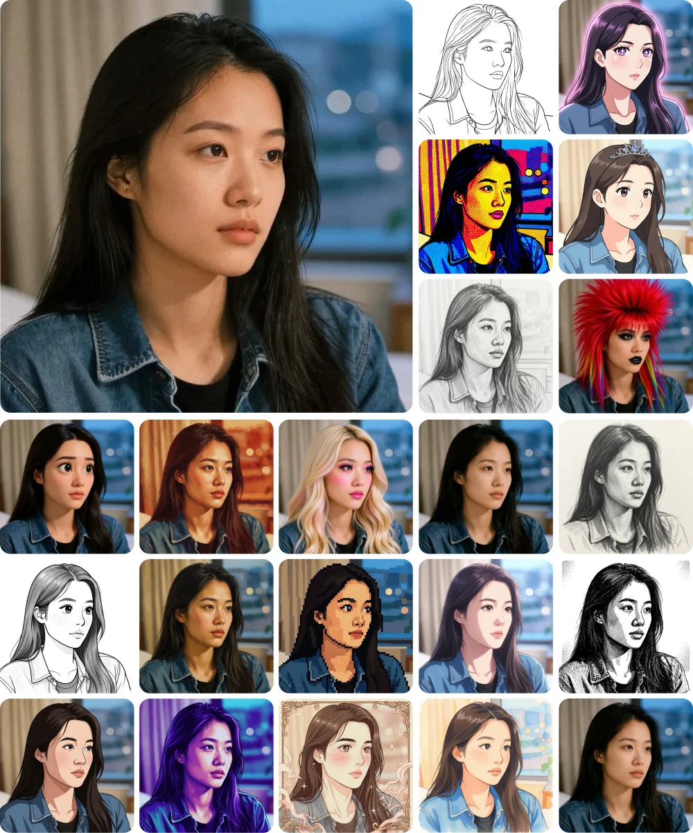 원본 인물 사진 1장이 라인아트·애니메이션·팝아트·연필 스케치·수채화 등 20종의 AI 스타일로 변환된 예시 갤러리
