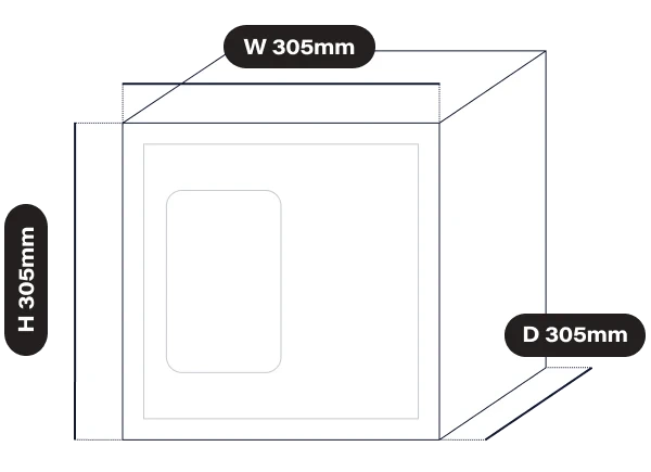 영수증사진기® PLAY 정면 치수 다이어그램 — W 305mm x H 305mm x D 305mm