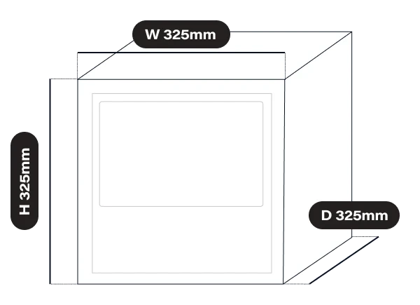 영수증사진기® PLAY+ 정면 치수 다이어그램 — W 325mm x D 325mm x H 325mm