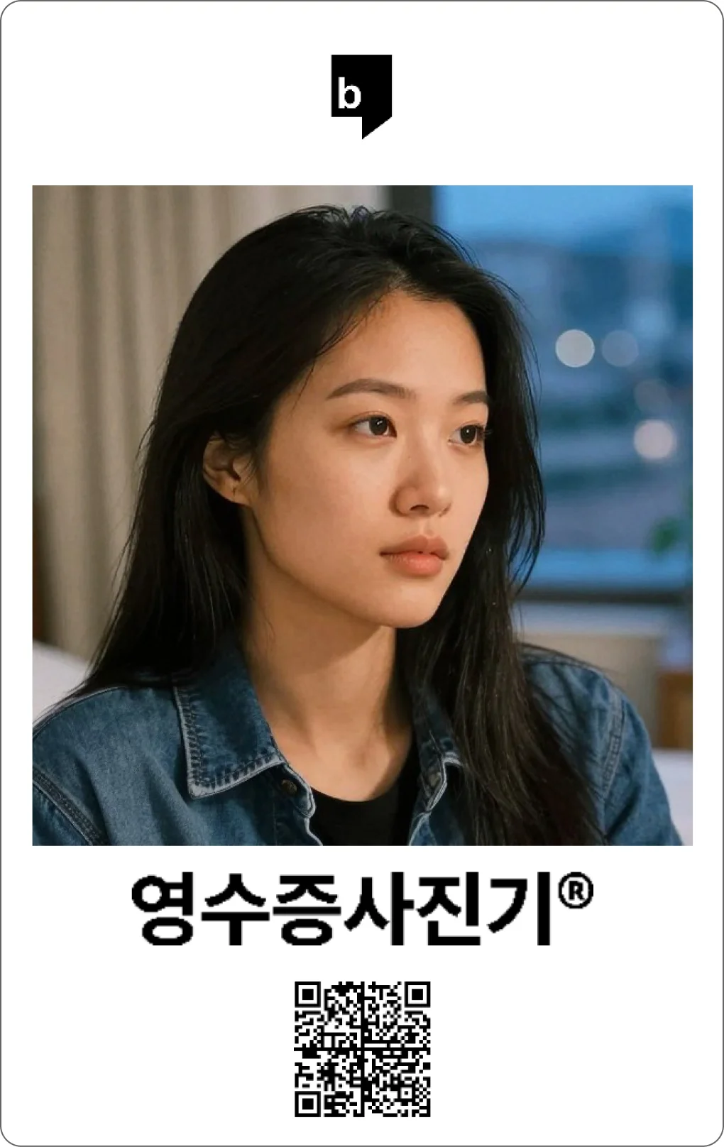 인쇄된 사진 하단에 영수증사진기® 로고와 다운로드용 QR코드가 함께 출력된 목업